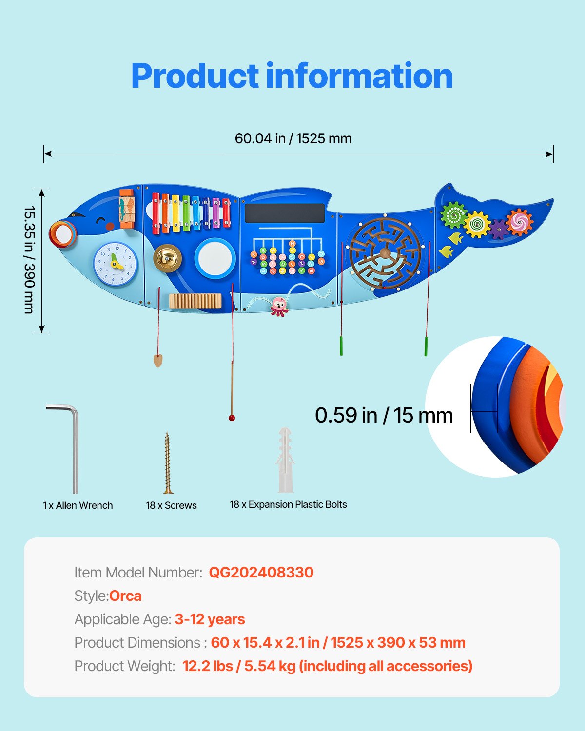 Aktivitetsvägg med aktivitetstavlor för späckhuggare, 12 aktiviteter, Montessori sensorisk väggleksak för barn 3-12 år, Montessori aktivitetscenter, perfekt för småbarnslekrum, barnkammare och klassrum