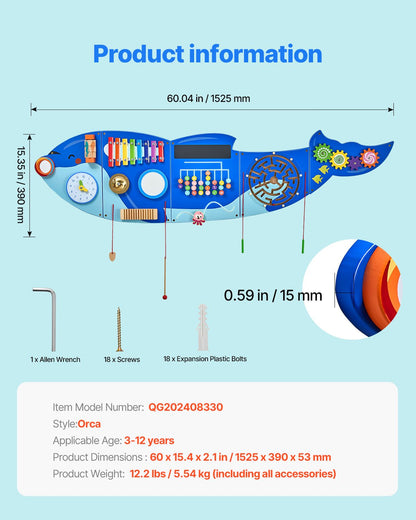 Aktivitetsvägg med aktivitetstavlor för späckhuggare, 12 aktiviteter, Montessori sensorisk väggleksak för barn 3-12 år, Montessori aktivitetscenter, perfekt för småbarnslekrum, barnkammare och klassrum