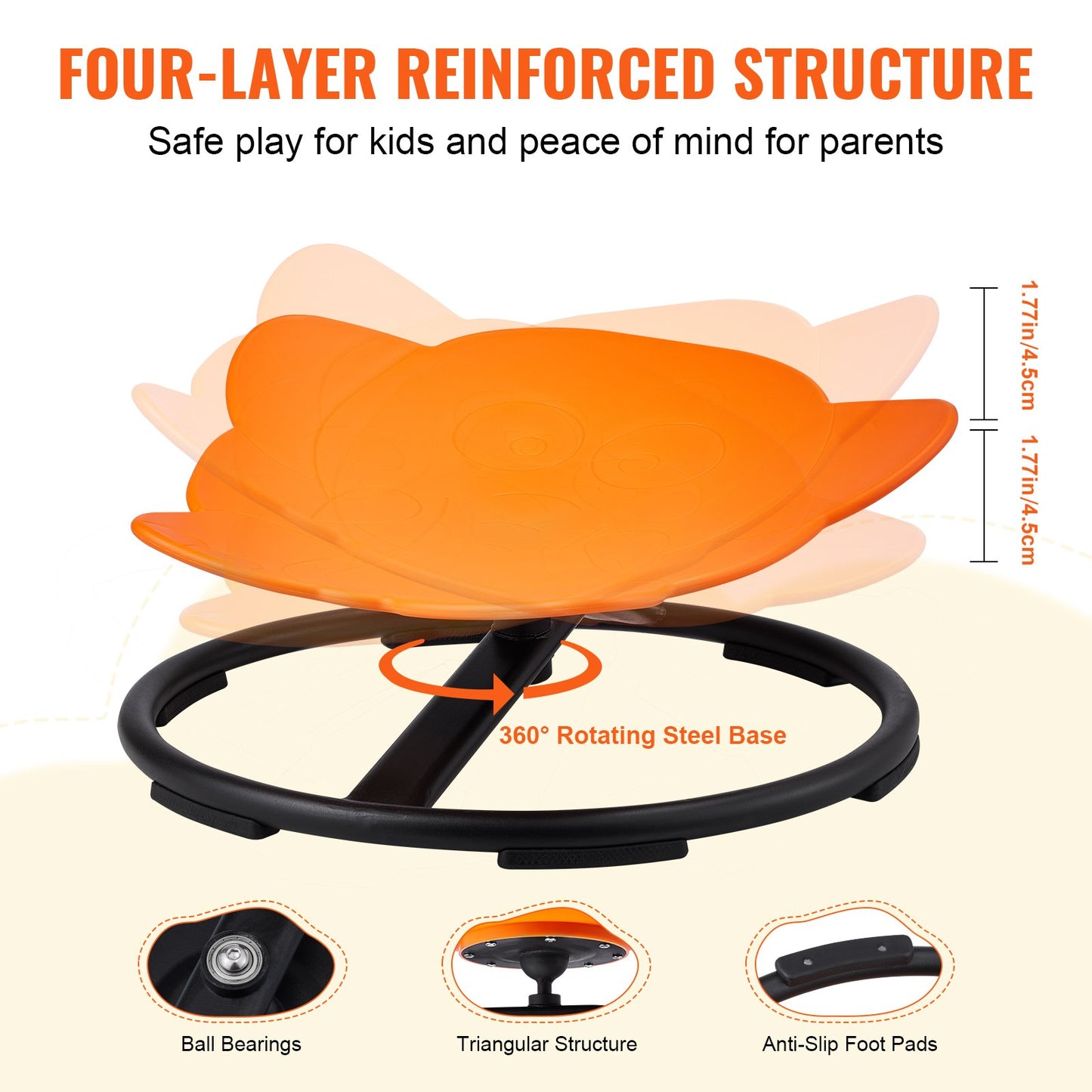 Elephant Kids snurrstol, kapacitet 90 kg, 360° snurrstol, sensorisk leksaksstol för autistiska barn med halkfri metallbas, sitt- och snurrstol för småbarn för koordination och balans, fokus orange