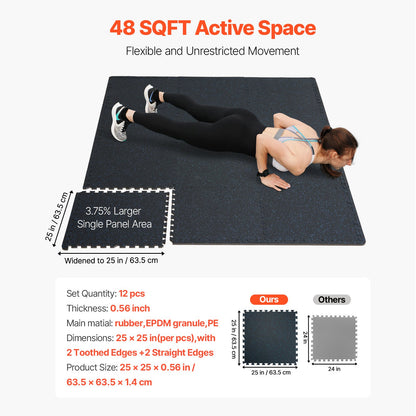 0.56 Inch Thick Gym Floor Mats, 12 Tiles Rubber Top with EVA Foam, 25" x 25" Gym Flooring Workout Mats with 48 sq.ft Coverage, Interlocking Puzzle Gym Mats for Gym, Home, Garage, Black & Blue