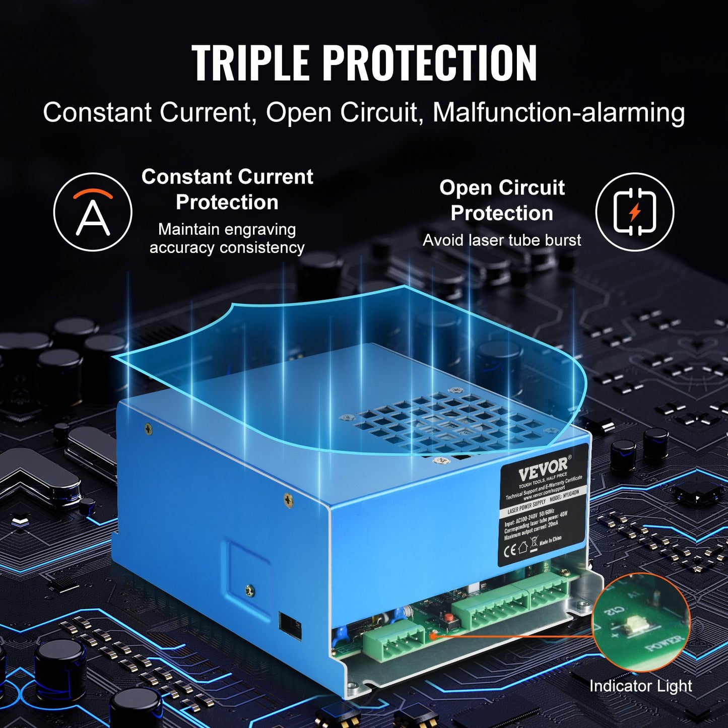 CO2-laserströmförsörjning, 40W, strömförsörjning för 40W laserrör, konstant strömskydd, öppen kretsskydd, snabb värmeavledning, kompatibel med lasergravörer och -skärare från flera märken
