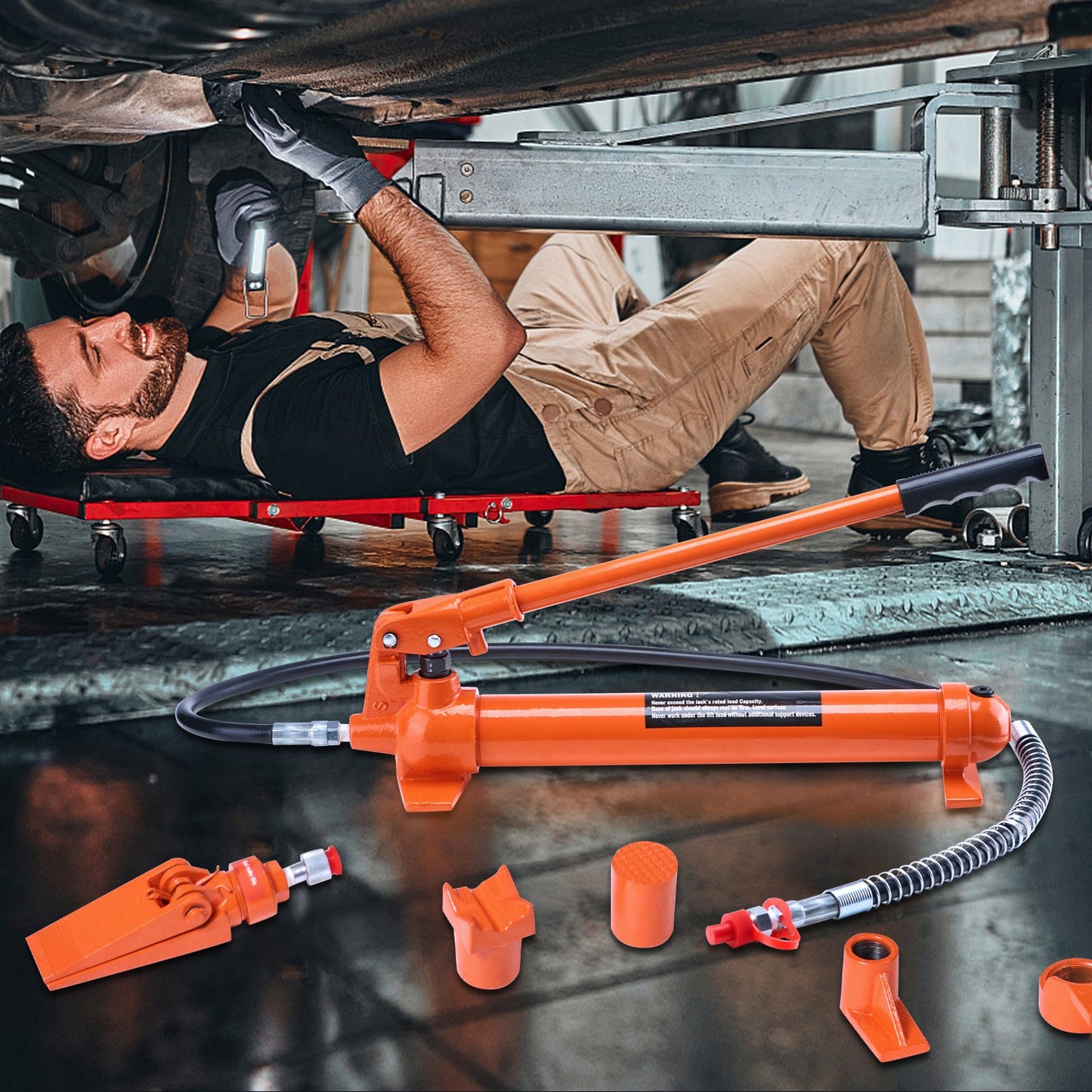 12 tons portakraftssats, bärbar hydraulisk domkraft med 1,4 m oljeslang, reparationssats för bilram med förvaringsväska för bilreparationer, lastbilar, lantbruk