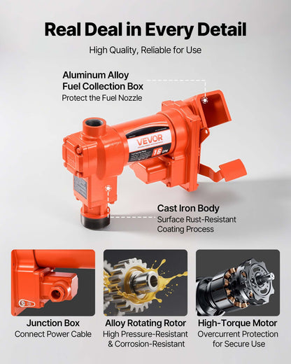 Fuel Transfer Pump, 12V DC 61 L/min(16 GPM) 186W(1/4 HP) Diesel Pump, Extractor Pumps with Manual Nozzle, Discharge Hose and Suction Pipe, for Gasoline, Diesel, Kerosene, Ethanol-Methanol Blends & Biodiesel