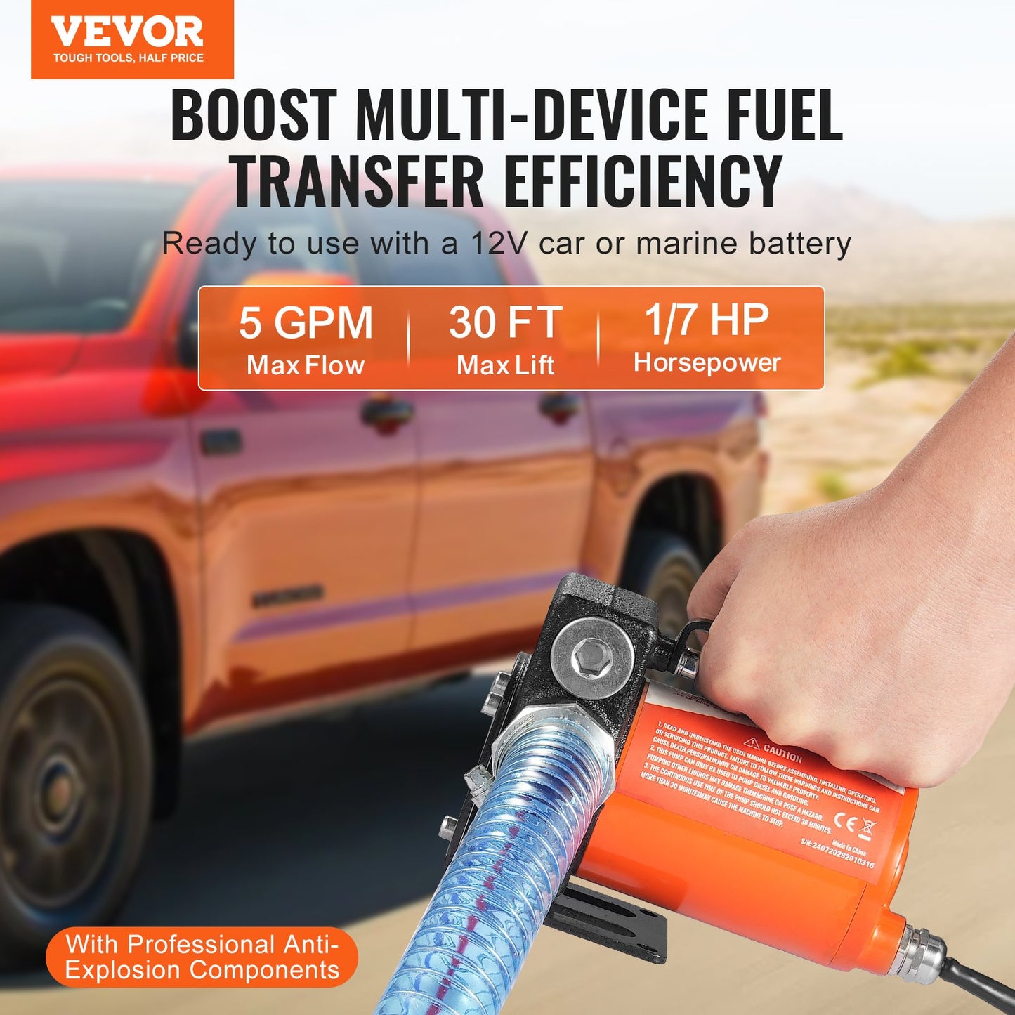 Fuel Transfer Pump, 12V DC 19L/min(5.3 GPM) 75W(1/10 HP), Portable Electric Diesel Transfer Pump with Auto Shut-Off Fuel Nozzle, Long Inlet & Outlet Hose for Gasoline, Diesel, Kerosene, Methanol Blends