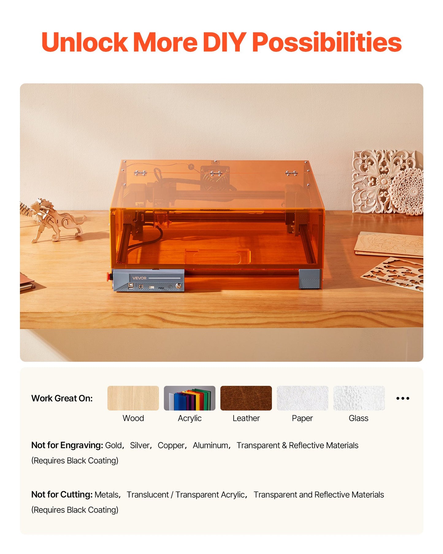 Laser Engraver, 10W, Laser Engraving and Cutting Machine with Enclosure, Laser Cutter Engraver Machine, 300 x 300 mm Working Area, 7000 mm/min, for Wood, Leather, Glass, Certain Metal, Class 1