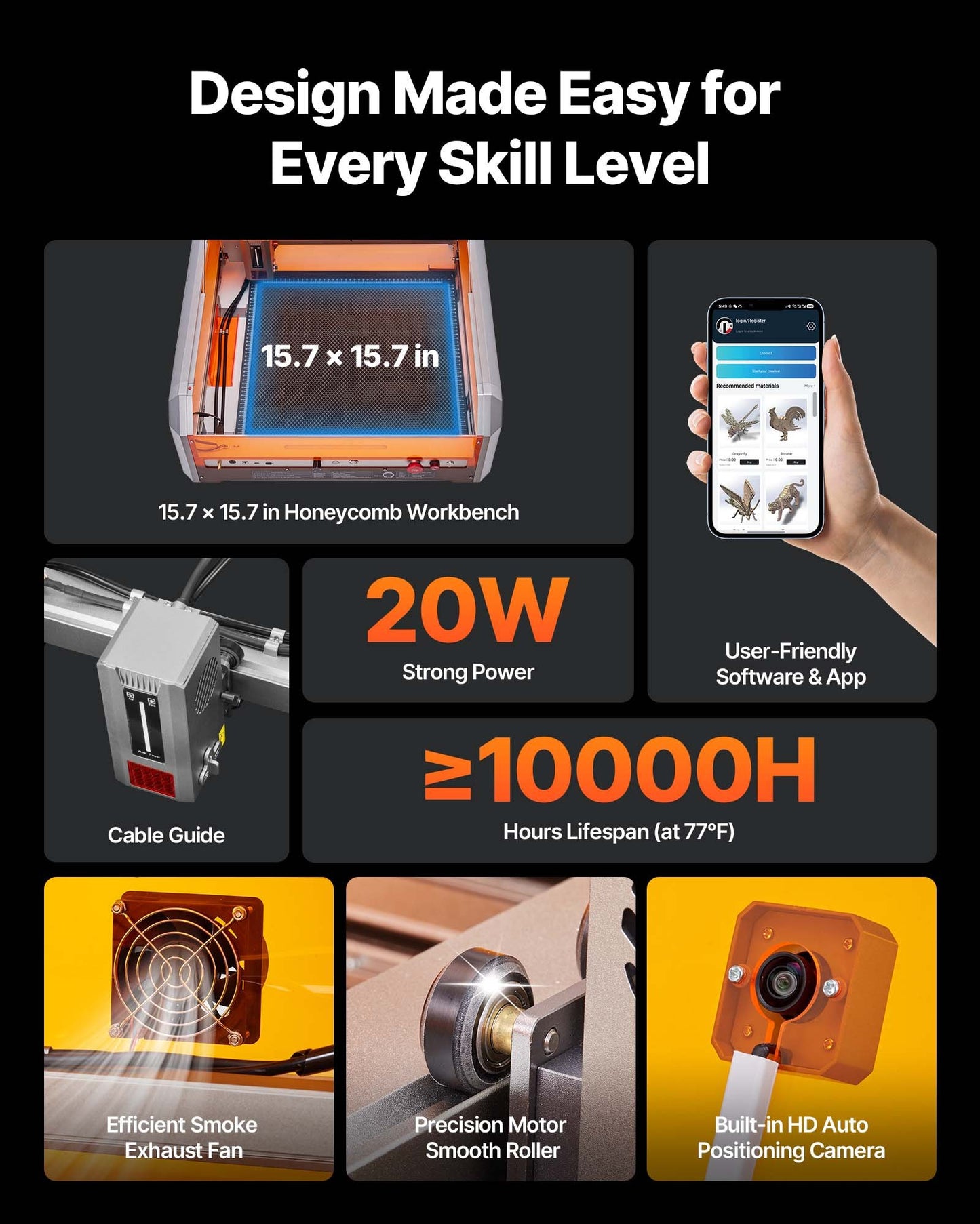 Laser Engraver, 20W, Laser Engraving and Cutting Machine with Enclosure Camera, Laser Cutter, 400 x 400 mm Working Area, 30000 mm/min, for Wood, Leather, Glass, Paper, Certain Metal, Class 1