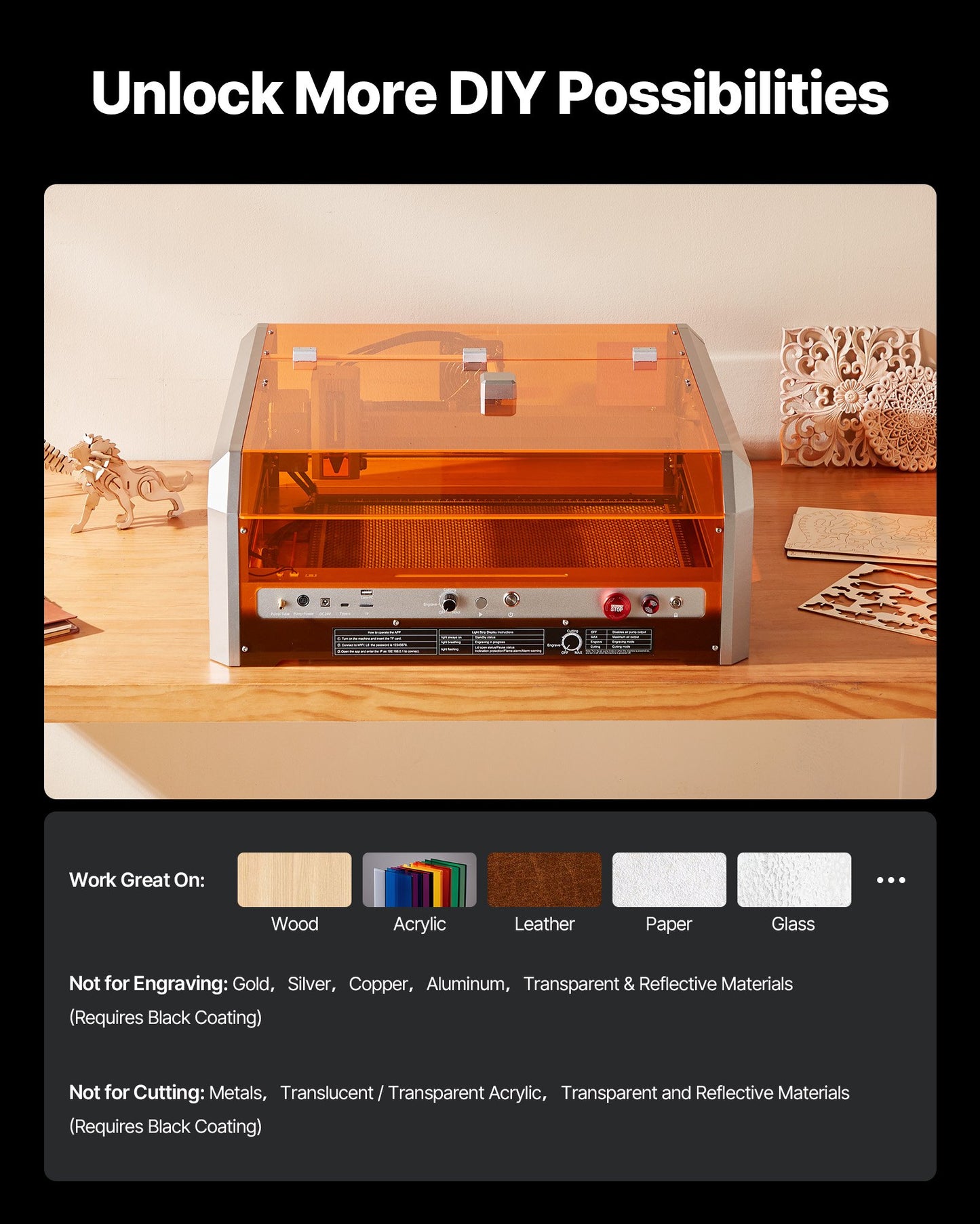 Laser Engraver, 20W, Laser Engraving and Cutting Machine with Enclosure Camera, Laser Cutter, 400 x 400 mm Working Area, 30000 mm/min, for Wood, Leather, Glass, Paper, Certain Metal, Class 1