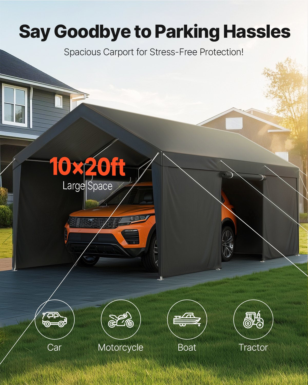 Carport, 10 x 20 FT Outdoor Car Canopy, Potable Carport with Removable Sidewalls & Door, Heavy Duty Car Shelter, UV-Resistant & Water-Resistant, All-Season Protection for Automobile Boat Grey