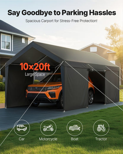 Carport, 10 x 20 FT Outdoor Car Canopy, Potable Carport with Removable Sidewalls & Door, Heavy Duty Car Shelter, UV-Resistant & Water-Resistant, All-Season Protection for Automobile Boat Grey
