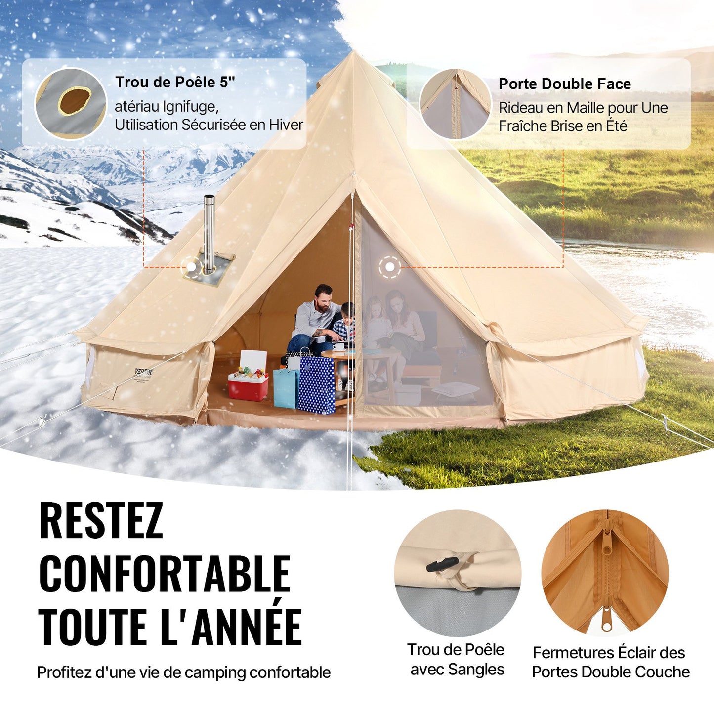 Canvas Bell-tält, 4 säsonger 4 m/13,12 ft jurttält, canvastält för camping med spisuttag, andningsbart tält rymmer upp till 6 personer, familjecamping utomhus jaktsällskap