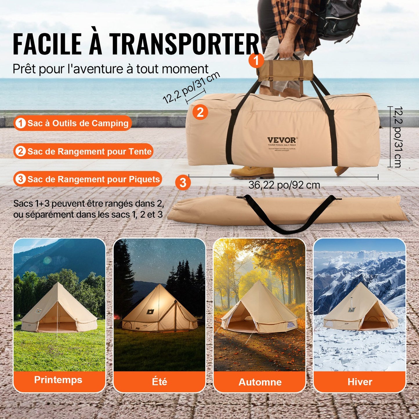 Canvas Bell-tält, 4 säsonger 4 m/13,12 ft jurttält, canvastält för camping med spisuttag, andningsbart tält rymmer upp till 6 personer, familjecamping utomhus jaktsällskap