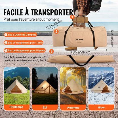 Canvas Bell-tält, 4 säsonger 4 m/13,12 ft jurttält, canvastält för camping med spisuttag, andningsbart tält rymmer upp till 6 personer, familjecamping utomhus jaktsällskap