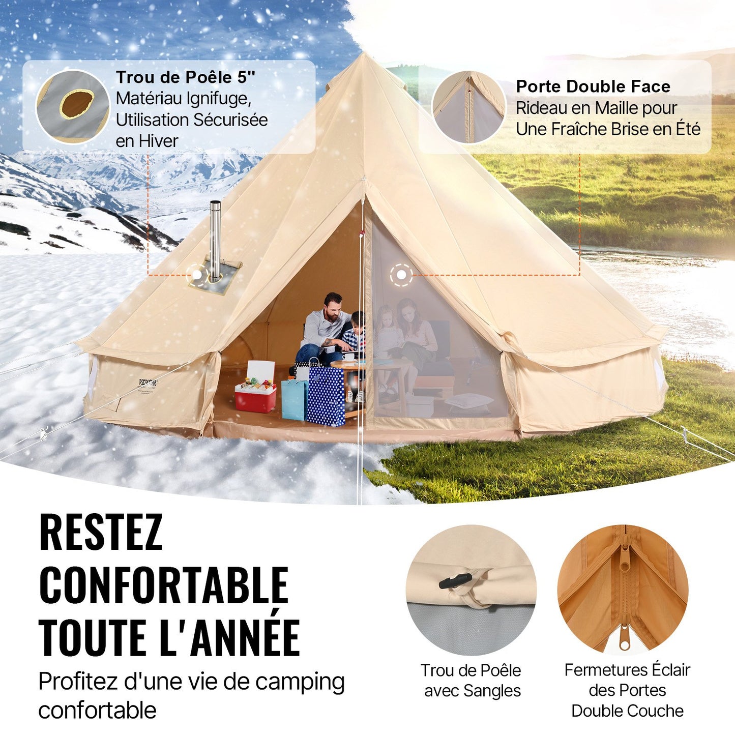 Canvas Bell-tält, 4 säsonger 5 m/16,4 ft jurttält, canvastält för camping med spisuttag, andningsbart tält rymmer upp till 8 personer, familjecamping utomhus jaktsällskap