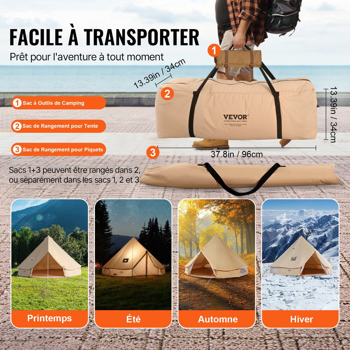 Canvas Bell-tält, 4 säsonger 5 m/16,4 ft jurttält, canvastält för camping med spisuttag, andningsbart tält rymmer upp till 8 personer, familjecamping utomhus jaktsällskap