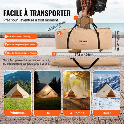 Canvas Bell-tält, 4 säsonger 5 m/16,4 ft jurttält, canvastält för camping med spisuttag, andningsbart tält rymmer upp till 8 personer, familjecamping utomhus jaktsällskap