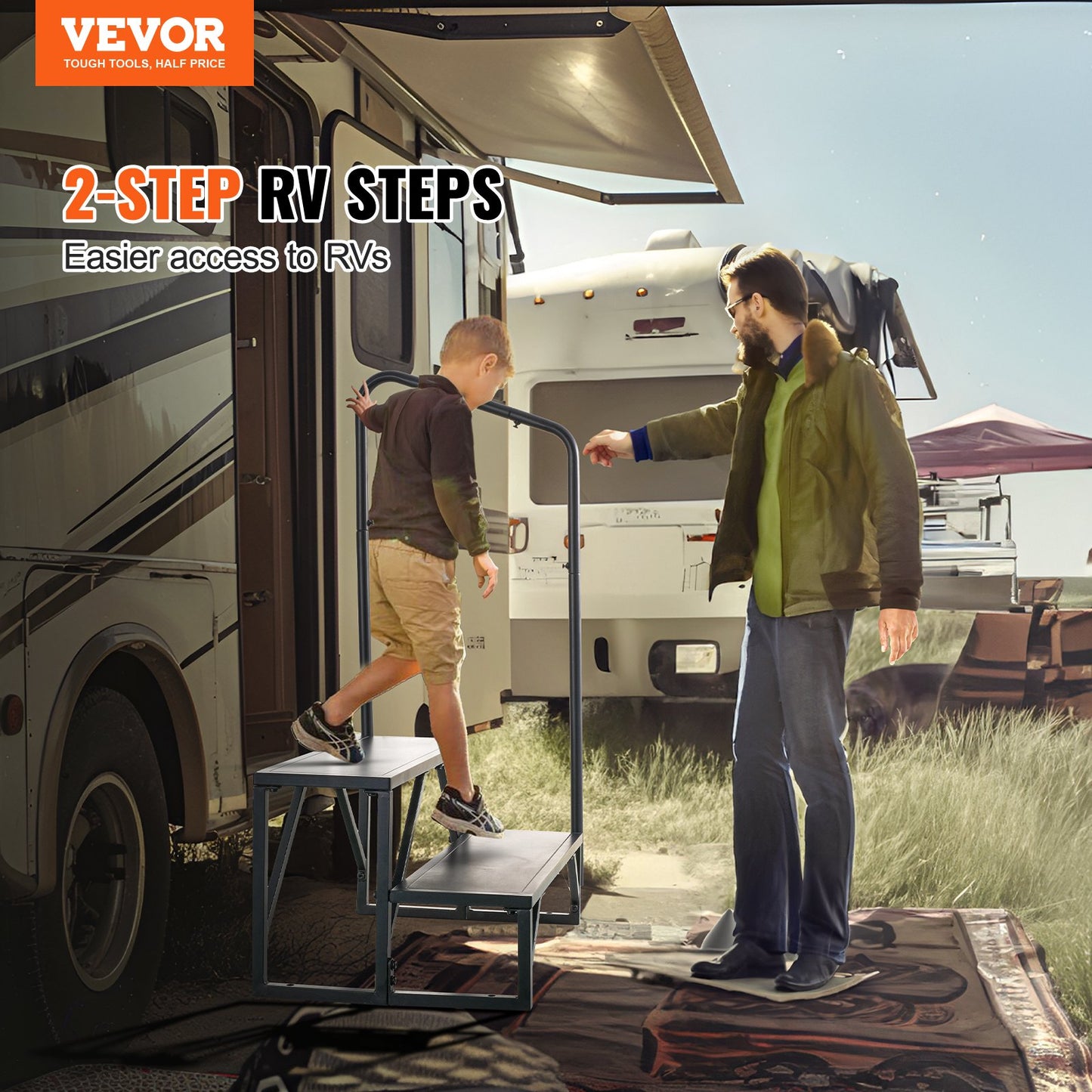 RV Steps, 2-Step RV Stairs, 440 LBS/199.6 kg Load Capacity, Thickened Carbon Steel, With Handrail, Non-Slip Steps for Safe Entry and Exit, Suit for RV, Trailer, Camper Steps