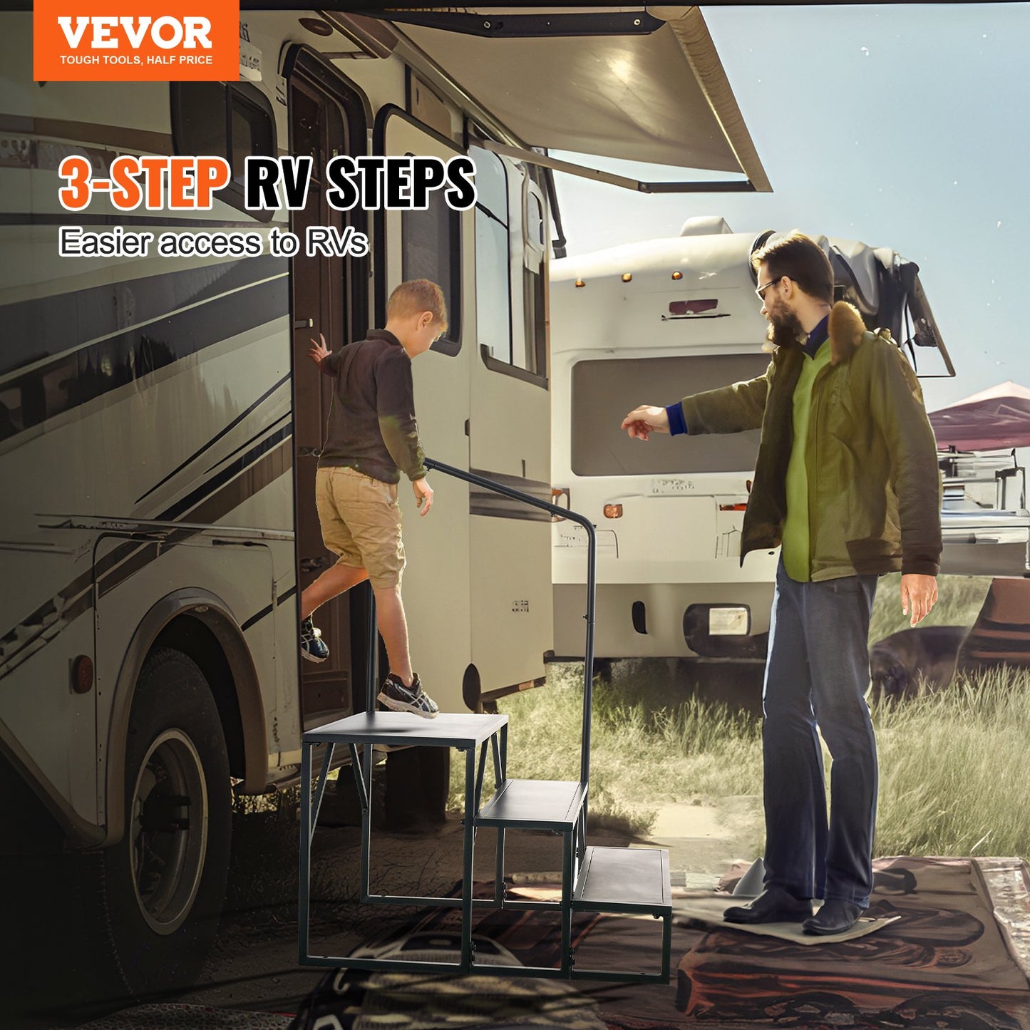 RV Steps, 3-Step RV Stairs, 440 LBS/199.6 kg Load Capacity, Thickened Carbon Steel, With Handrail, Non-Slip Steps for Safe Entry and Exit, Suit for RV, Trailer, Camper Steps