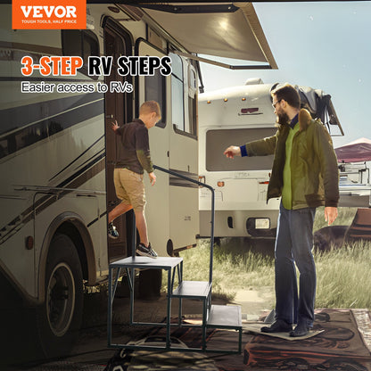 RV Steps, 3-Step RV Stairs, 440 LBS/199.6 kg Load Capacity, Thickened Carbon Steel, With Handrail, Non-Slip Steps for Safe Entry and Exit, Suit for RV, Trailer, Camper Steps