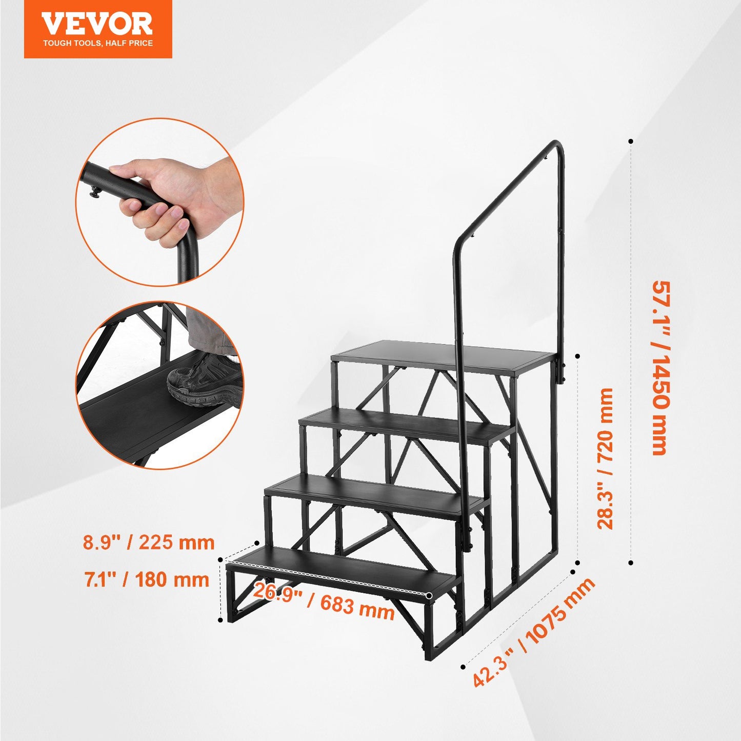 RV Steps, 4-Step RV Stairs, 440 LBS/199.6 kg Load Capacity, Thickened Carbon Steel, With Handrail, Non-Slip Steps for Safe Entry and Exit, Suit for RV, Trailer, Camper Steps