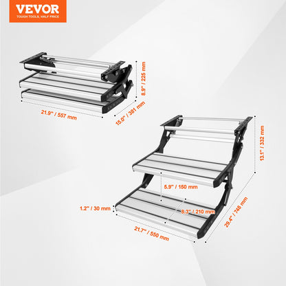 RV Steps, 2-Step, Manual Retractable RV Stairs, Foldable, 440 LBS Load Capacity, Aluminum Alloy Steps, Thickened Steel Plate, Non-Slip Steps for Safe Entry and Exit, RV, Trailer, Camper Steps