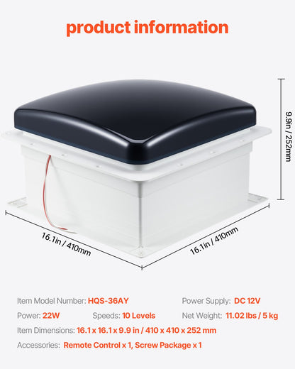 RV Vent Fan, 14 inch RV Roof Vent Fan 12V, Powerful 10-Speed Reversible Fan with Remote Control, Built-in DC Motor, Power Top Lid,12 inch Fan Blade,Fits 14 x14 inch Roof Openings