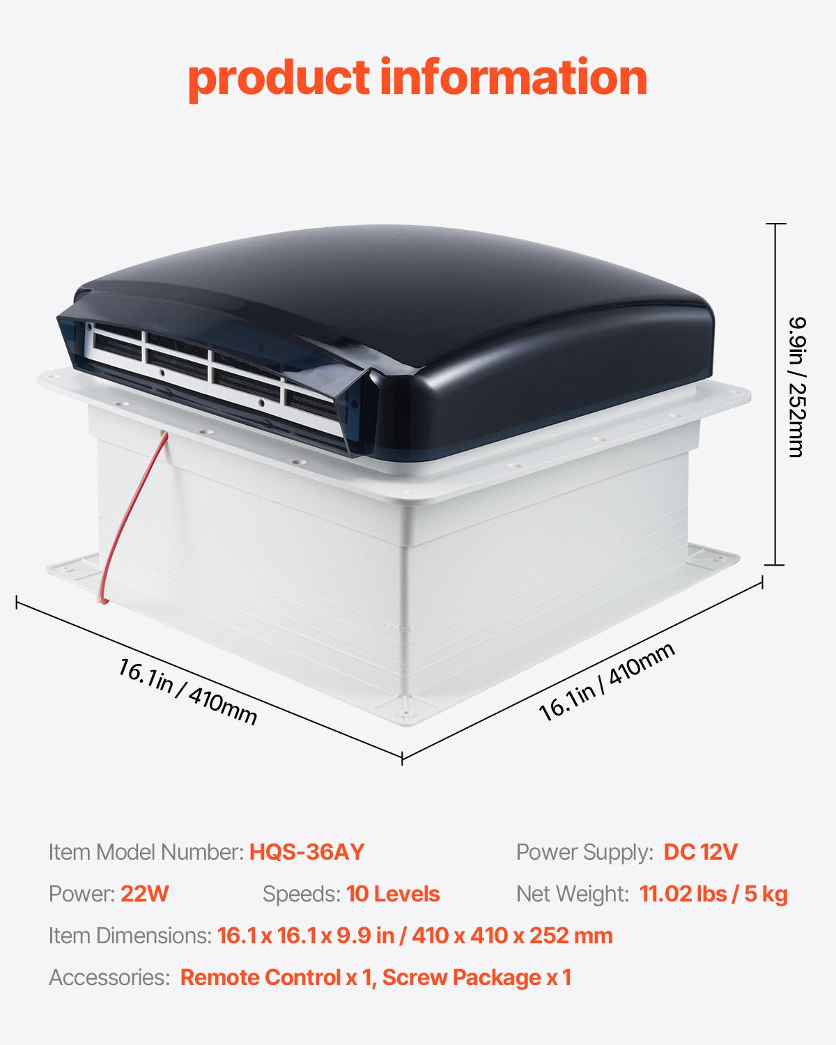 RV Vent Fan, 14 inch RV Roof Vent Fan 12V, Powerful 10-Speed Reversible Fan with Remote Control, Built-in Rain Cover, Power Top Lid,12 inch Fan Blade,Fits 14 x14 inch Roof Openings