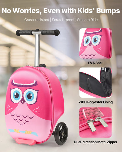 Ride-on Luggage, 20 L Capacity, 20 Inches Kids Scooter Suitcase with Flash PU Wheels, Adjustable Handle & TPR Non-Slip Grip, Foldable & Lightweight Scooter Luggage for Kids Aged 5+, Pink