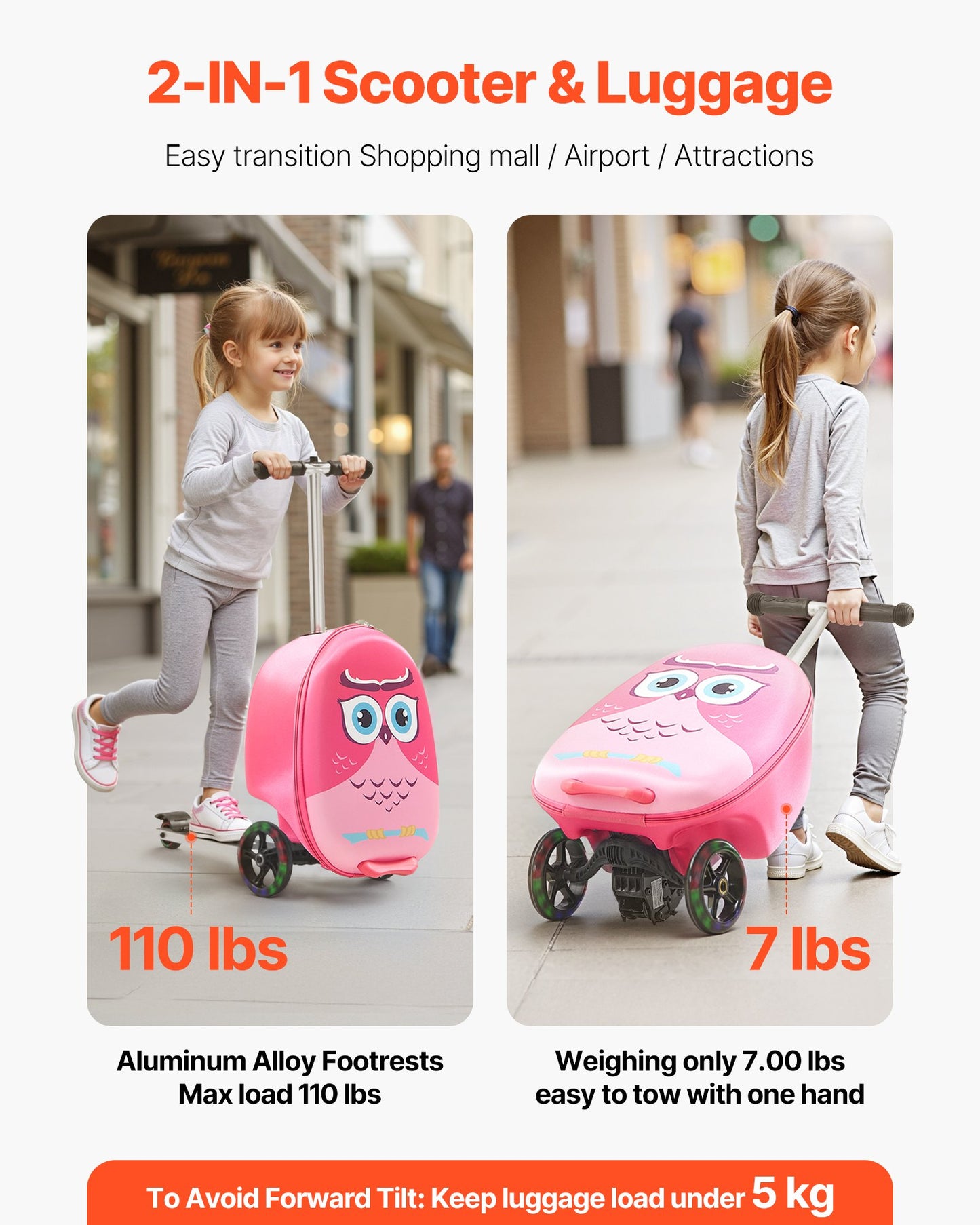 Ride-on Luggage, 20 L Capacity, 20 Inches Kids Scooter Suitcase with Flash PU Wheels, Adjustable Handle & TPR Non-Slip Grip, Foldable & Lightweight Scooter Luggage for Kids Aged 5+, Pink