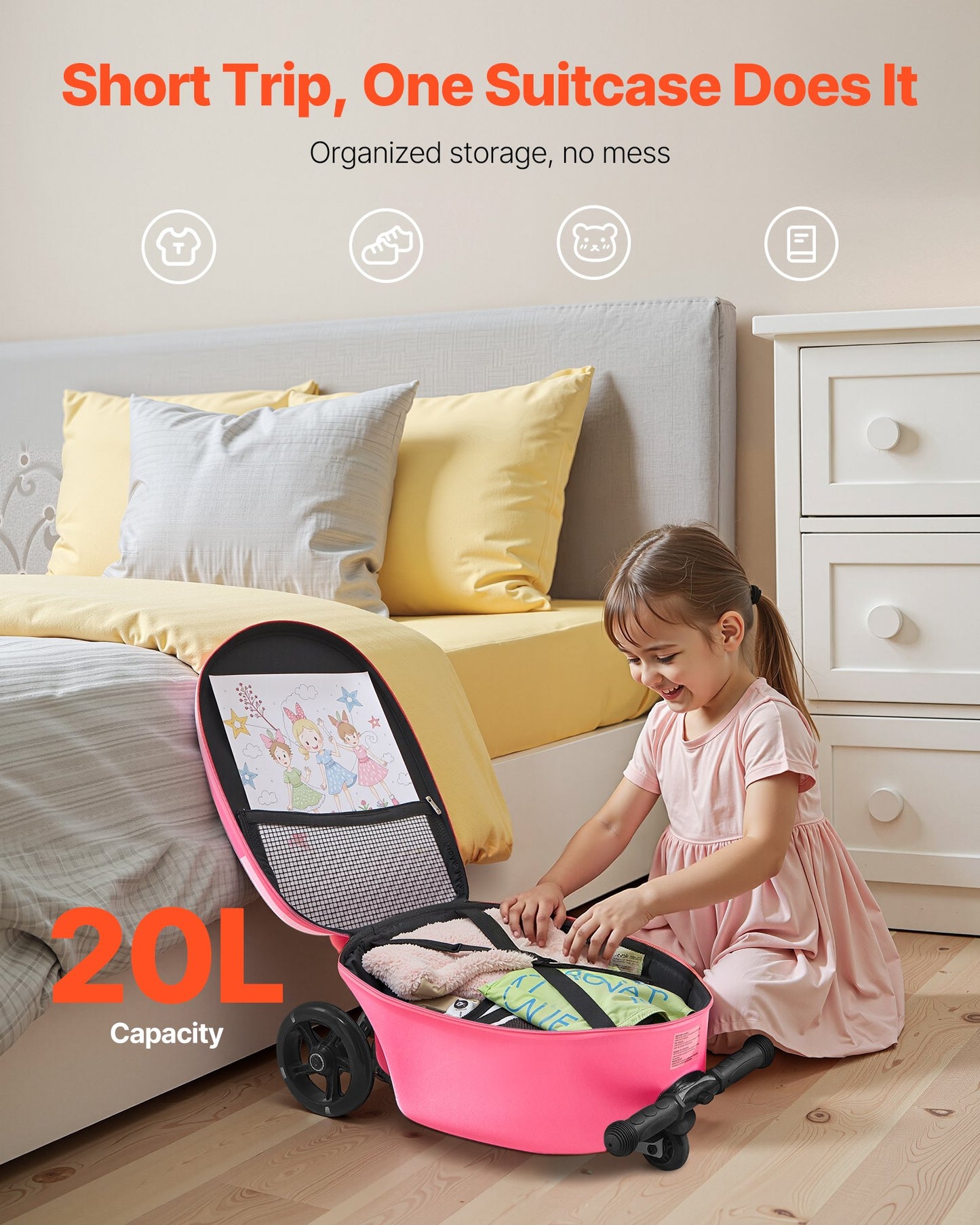 Ride-on Luggage, 20 L Capacity, 20 Inches Kids Scooter Suitcase with Flash PU Wheels, Adjustable Handle & TPR Non-Slip Grip, Foldable & Lightweight Scooter Luggage for Kids Aged 5+, Pink