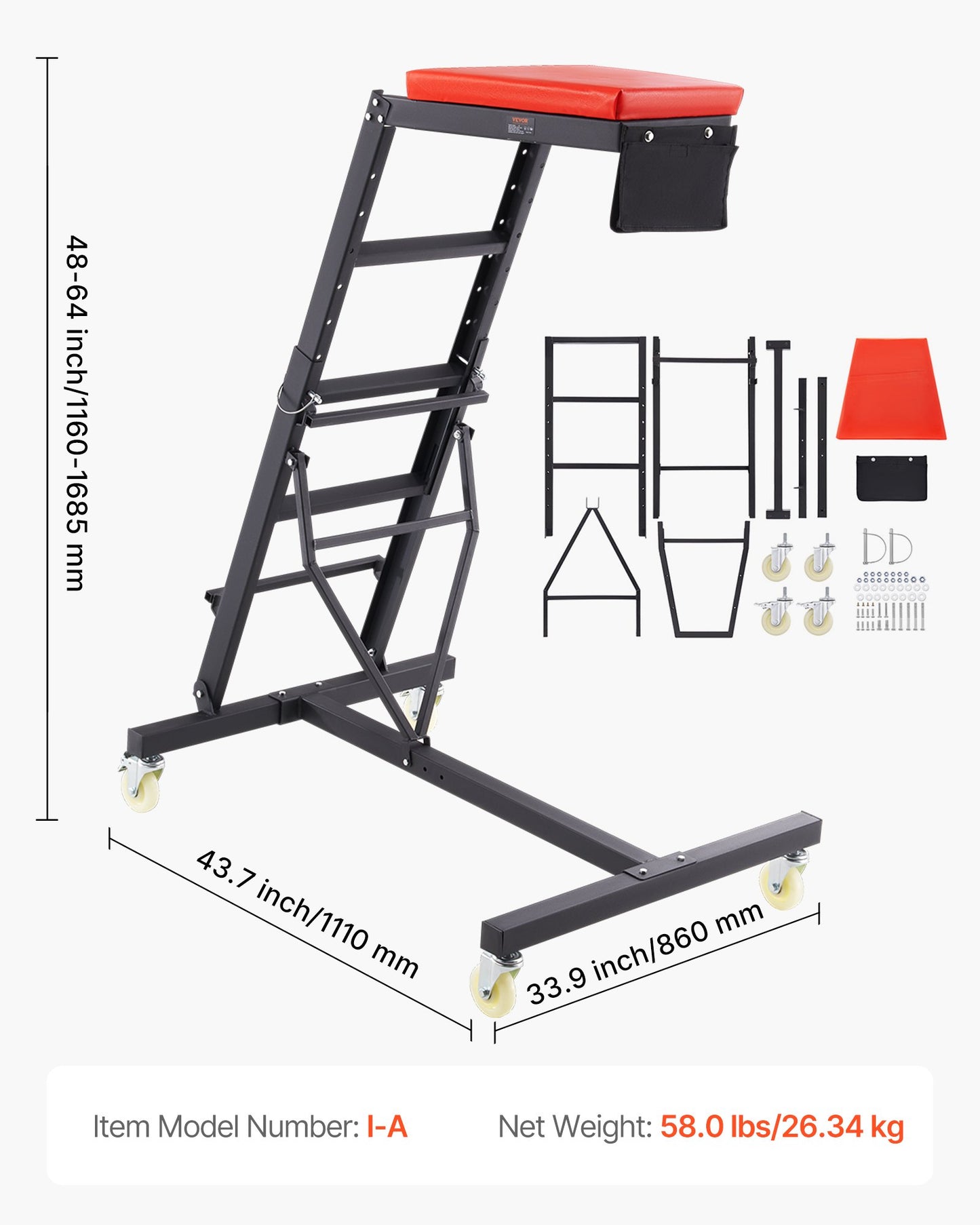 Top Automotive Creeper, Engine Creeper with Adjustable Height 45.7" to 66.3", 400 LBS Capacity High Creeper, 4 Swivel Caster Wheels, Heavy Duty Creeper for Auto Repair and Maintenance