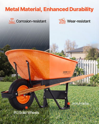 Wheelbarrow Cart, 6 Cu. Ft. Load & 330 lbs Capacity, One Wheel Garden Dump Cart Wheel Barrow with Metal Handle & 16" Wide Track Wheels, Easy Loading Utility Yard Cart & Wagons for Lawn Farm