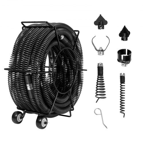 Drain Cleaning Cable 60 FT x 1-1/5 Inch, Professional Sectional Drain Cleaner Cable with 6 Cutters for 2.0" to 7.9" Pipes, Hollow Core Sewer Drain Auger Cable for Sink, Floor Drain, Toilet