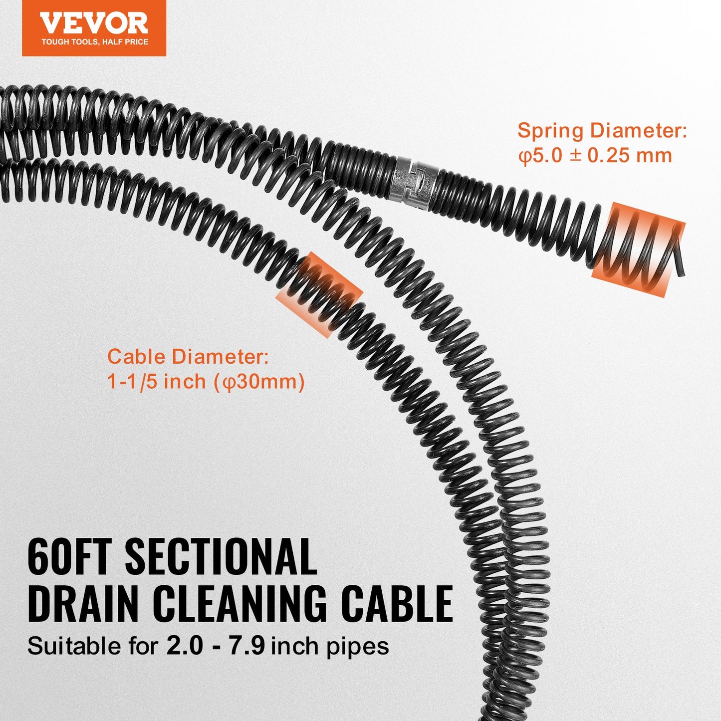 Drain Cleaning Cable 60 FT x 1-1/5 Inch, Professional Sectional Drain Cleaner Cable with 6 Cutters for 2.0" to 7.9" Pipes, Hollow Core Sewer Drain Auger Cable for Sink, Floor Drain, Toilet