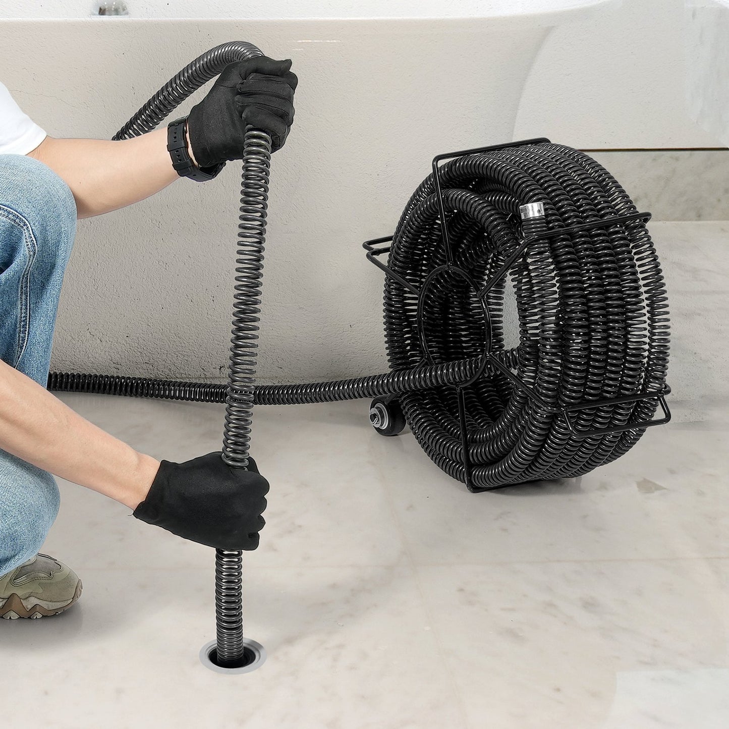 Drain Cleaning Cable 60 FT x 1-1/5 Inch, Professional Sectional Drain Cleaner Cable with 6 Cutters for 2.0" to 7.9" Pipes, Hollow Core Sewer Drain Auger Cable for Sink, Floor Drain, Toilet