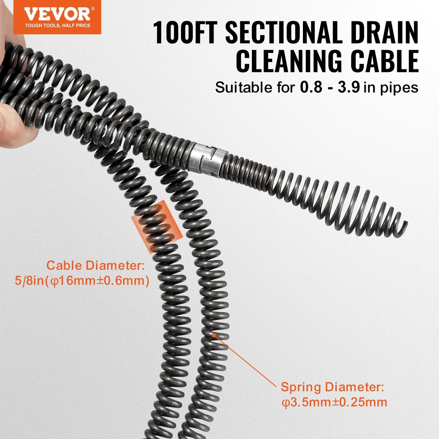 Sectional Drain Cleaning Cable 100FT/30.5 m x 5/8In/1.6 cm & 7 Cutters for 0.8"-3.9"/2-10 cm Pipes
