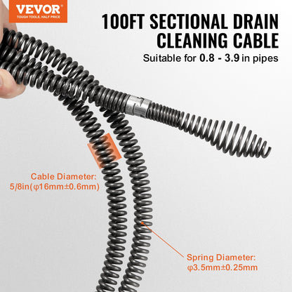 Sectional Drain Cleaning Cable 100FT/30.5 m x 5/8In/1.6 cm & 7 Cutters for 0.8"-3.9"/2-10 cm Pipes