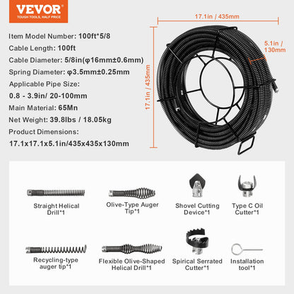 Sectional Drain Cleaning Cable 100FT/30.5 m x 5/8In/1.6 cm & 7 Cutters for 0.8"-3.9"/2-10 cm Pipes