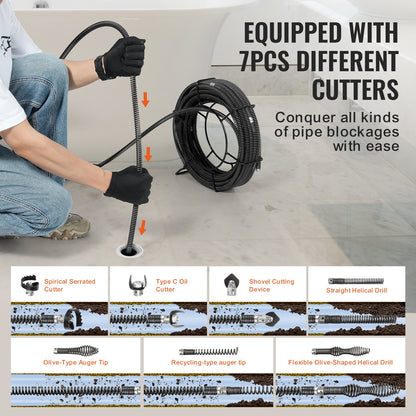 Sectional Drain Cleaning Cable 66FT/20.1 m x 5/8In/1.6 cm & 7 Cutters for 0.8"-3.9"/2-10 cm Pipes