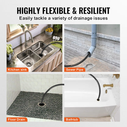 Sectional Drain Cleaning Cable 66FT/20.1 m x 5/8In/1.6 cm & 7 Cutters for 0.8"-3.9"/2-10 cm Pipes