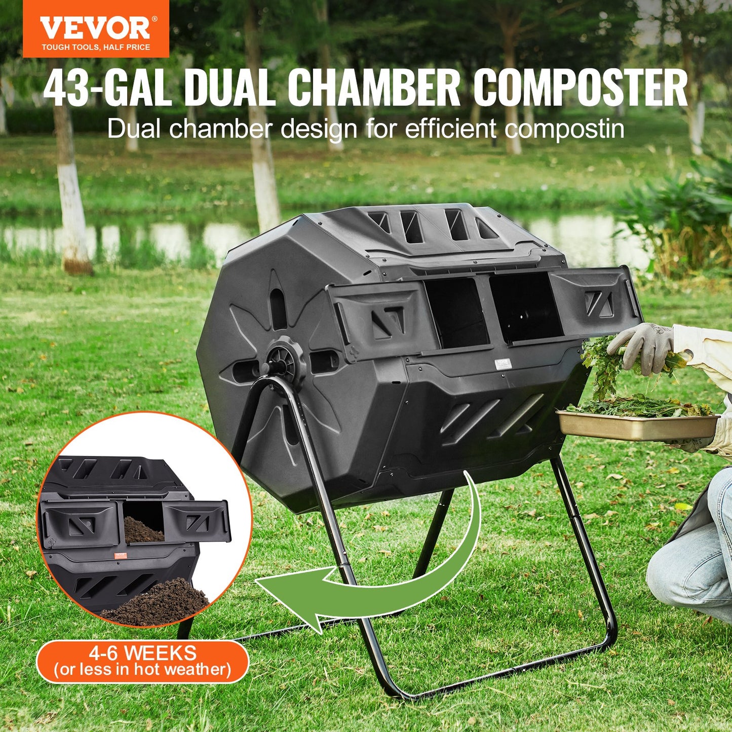 Compost Bin, 162.8 L Dual Chamber Composting Tumbler, Large Tumbling Rotating Composter with 2 Sliding Doors and Steel Frame, BPA Free Composter Bin Tumbler for Garden, Kitchen, Yard, Outdoor