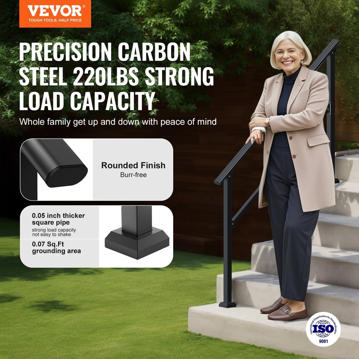 Handrails for Outdoor Steps, 4-5 Step Stair Hand Rail Kit, Transitional Carbon Steel Railings with Installation Kit, Stair Rails for Seniors, Concrete Steps & Porch & Deck, Black Square Tube