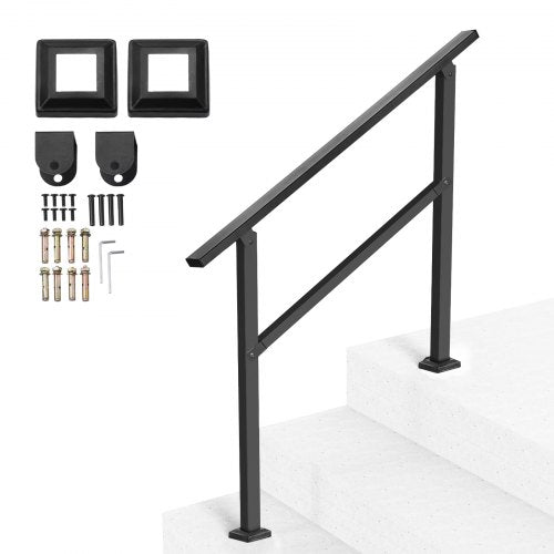 Outdoor Handrails for Steps, 2-3 Step Stair Rail Kit, Black Square Tube with Horizontal Bar, Carbon Steel Support Rails for Seniors, Concrete & Deck Stairs, Easy Installation