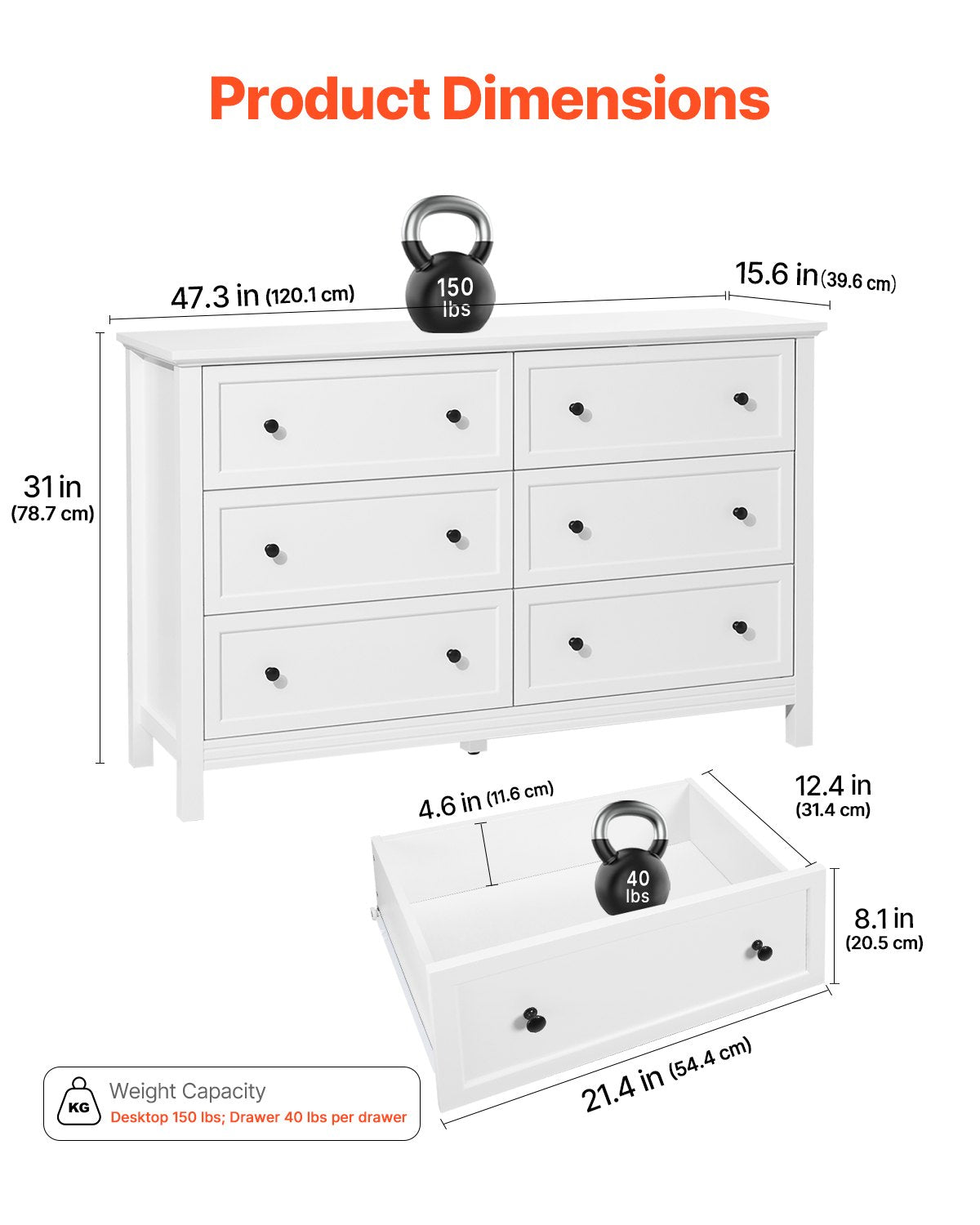 6 Drawer Dresser, Wooden Chest of Drawers with Sliding and Anti-tip Device, Retro Minimalist Dresser Chest, Closet Storage TV Stand Organizer for Living Room, Hallway, Bedroom, Entryway, White