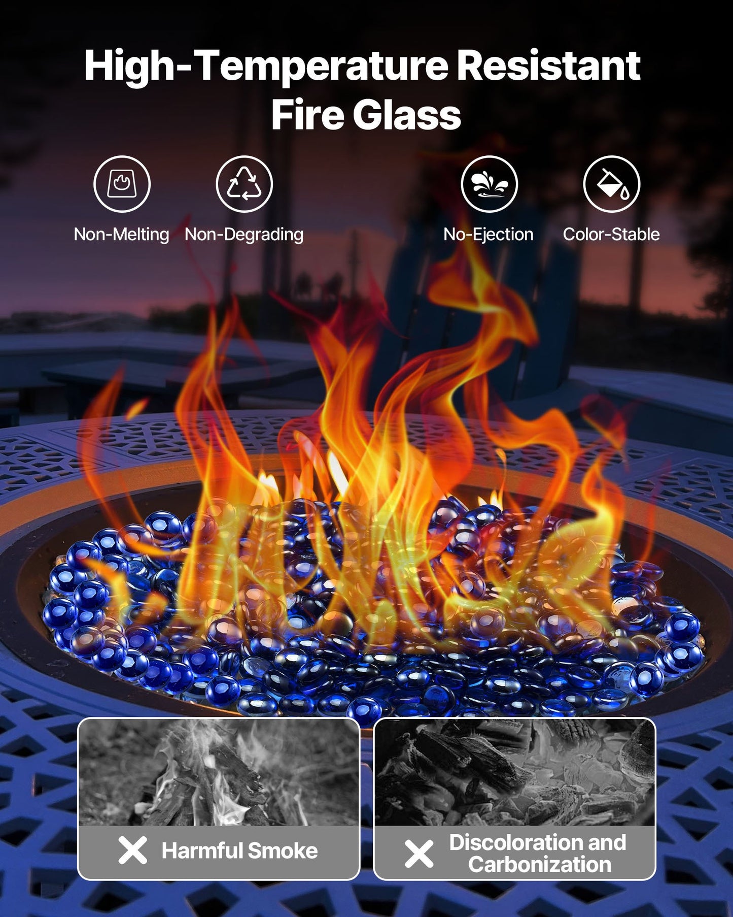 Fire Glass, 20LBS / 9KG High-Temperature Resistant Fireplace Rocks, 3/4-Inch / 19.05 mm Reflective & Smokeless Firepit Glass Beads, High Luster Stone Landscaping for Fire Pit Table, Cobalt Blue