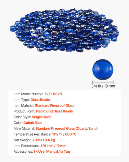 Fire Glass, 20LBS / 9KG High-Temperature Resistant Fireplace Rocks, 3/4-Inch / 19.05 mm Reflective & Smokeless Firepit Glass Beads, High Luster Stone Landscaping for Fire Pit Table, Cobalt Blue