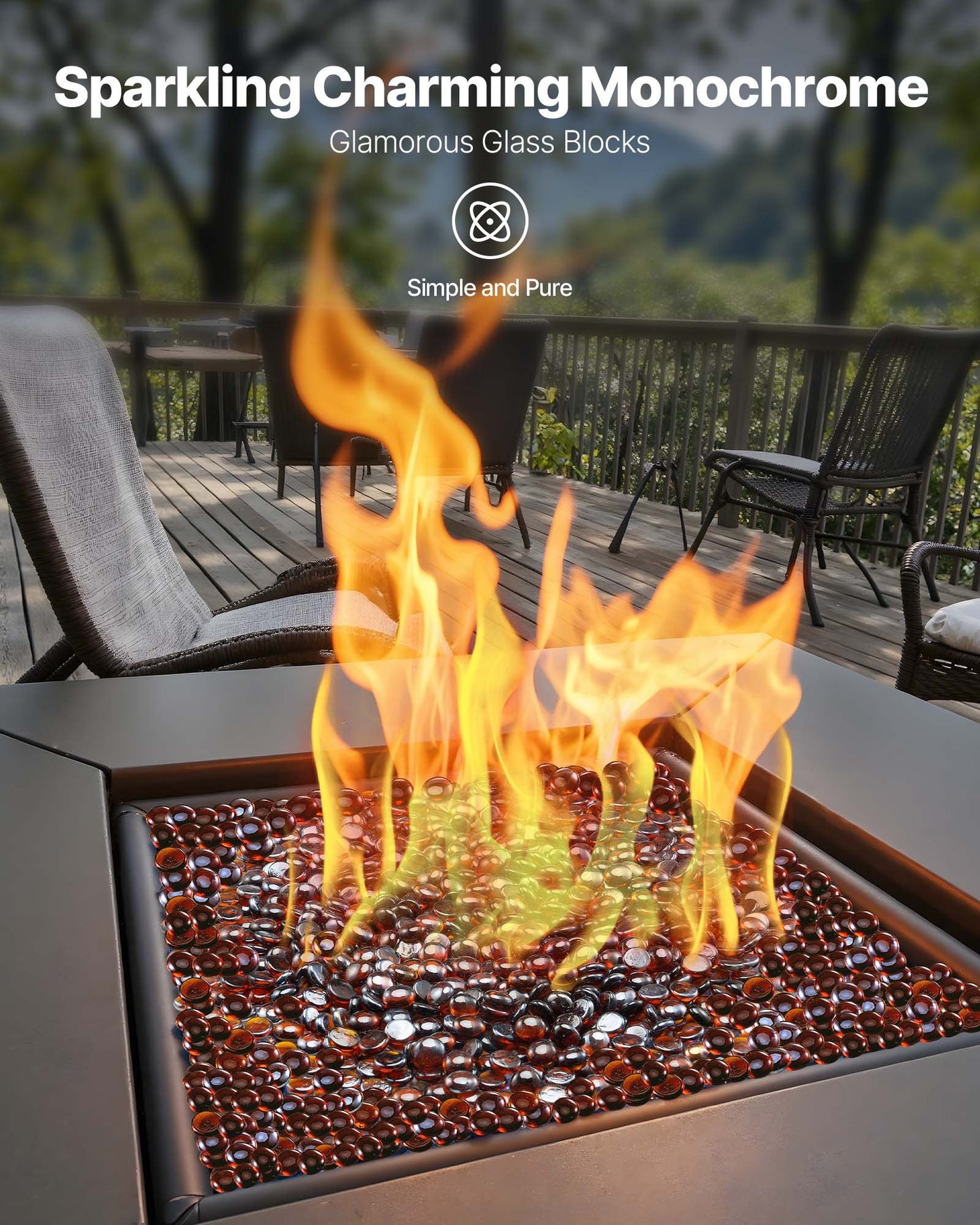 Fire Glass, 10LBS / 4.5KG High-Temperature Resistant Fireplace Rocks, 3/4-Inch / 19.05 mm Reflective & Smokeless Firepit Glass Beads, High Luster Stone Landscaping for Fire Pit Table, Rich Amber