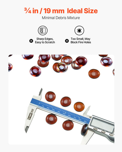 Fire Glass, 10LBS / 4.5KG High-Temperature Resistant Fireplace Rocks, 3/4-Inch / 19.05 mm Reflective & Smokeless Firepit Glass Beads, High Luster Stone Landscaping for Fire Pit Table, Rich Amber