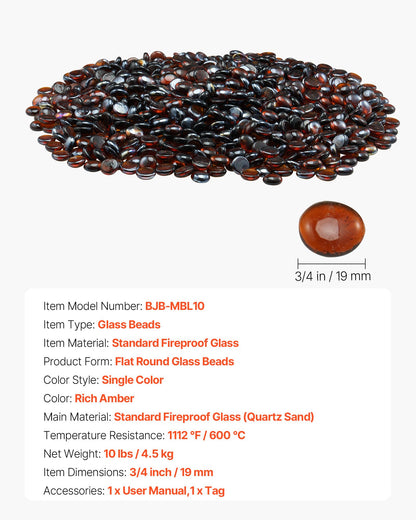 Fire Glass, 10LBS / 4.5KG High-Temperature Resistant Fireplace Rocks, 3/4-Inch / 19.05 mm Reflective & Smokeless Firepit Glass Beads, High Luster Stone Landscaping for Fire Pit Table, Rich Amber