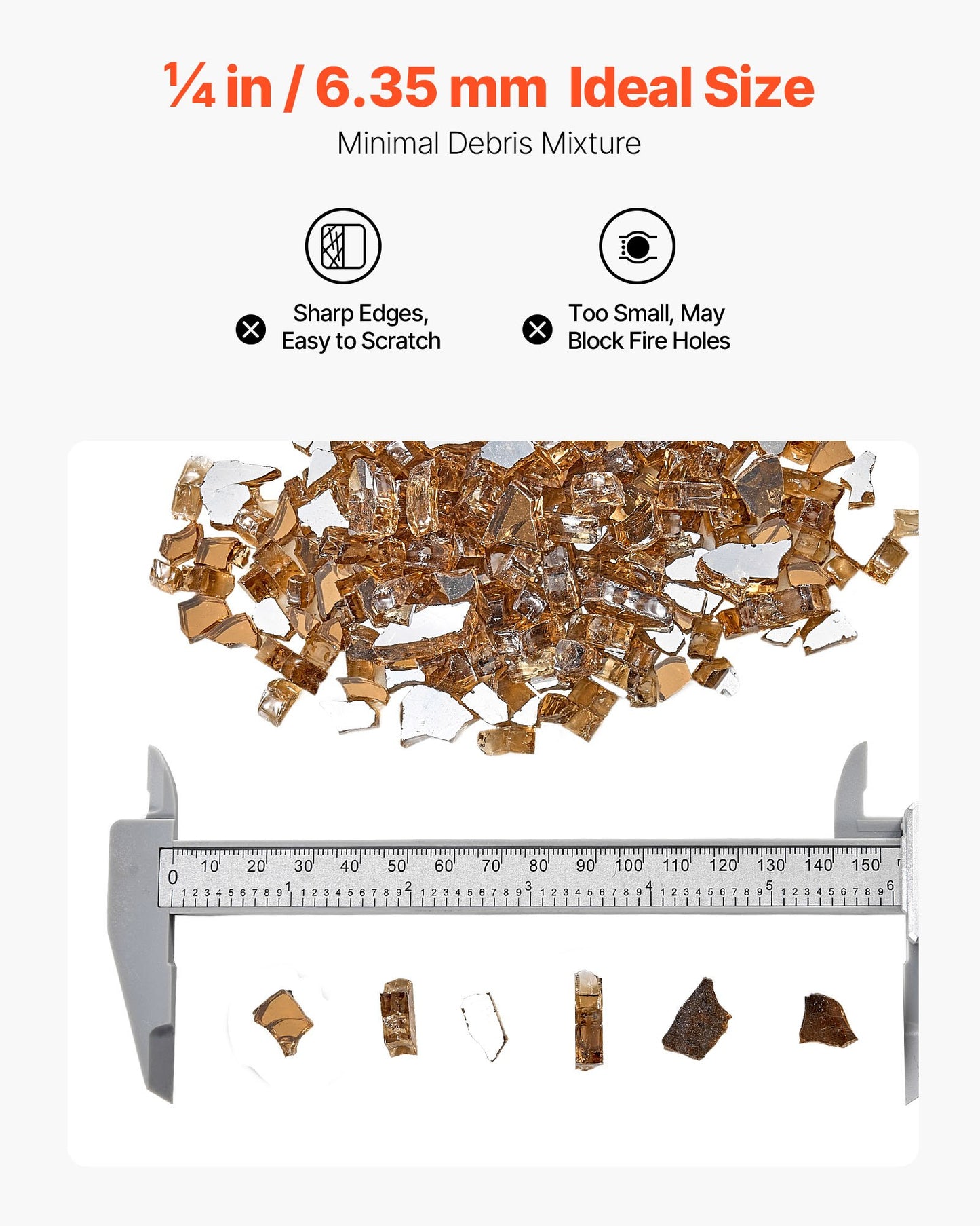 Eldglas, 4,5 kg högtemperaturbeständiga eldstadsstenar, 6,35 mm reflekterande och rökfria eldstadsglasstenar, högglanssten för eldstadsbord, koppar