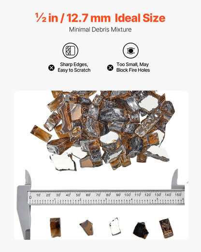 Fire Glass, 20 LBS / 9.0 KG High-Temperature Resistant Fireplace Rocks, 1/2-Inch / 12.7 mm Reflective & Smokeless Firepit Glass Rock, High Luster Stone Landscaping for Fire Pit Table, Copper